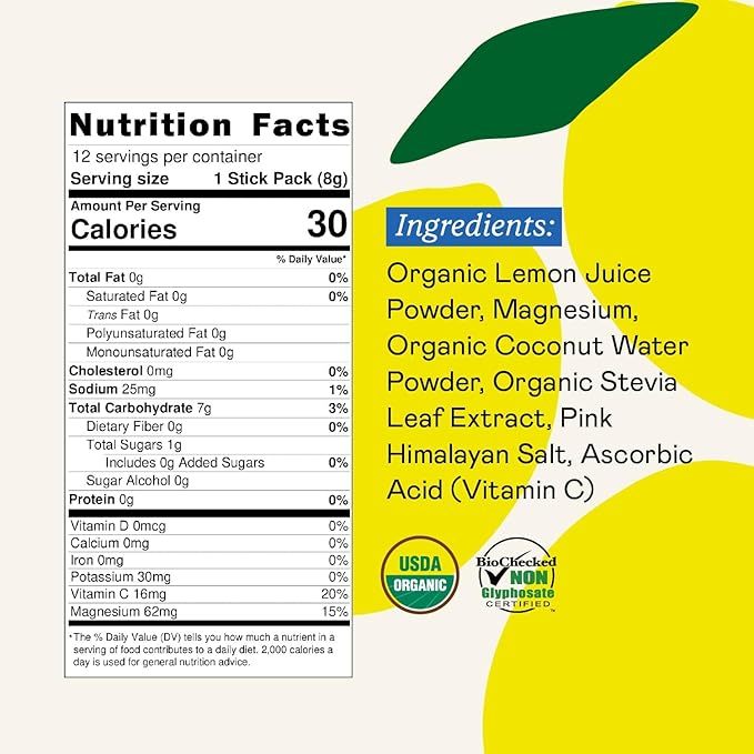 GOODONYA Organic Hydration Electrolyte Drink Mix, Certified Organic Hydration Powder, Non-GMO, Biochecked Glyphosate Free, Low Sugar, Lemonade Flavor, No Artificial Flavors,12 Stick Packs