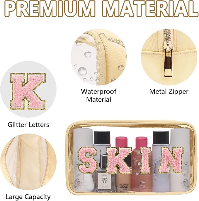 Iqimott Clear Patch Makeup Bag Skin Pouch, Preppy Personalized Chenille Letter Cosmetic Pouch for Travel, Nylon Waterproof Organizer Skin Care Zipper Toiletry Bags for Women Girls(Beige)