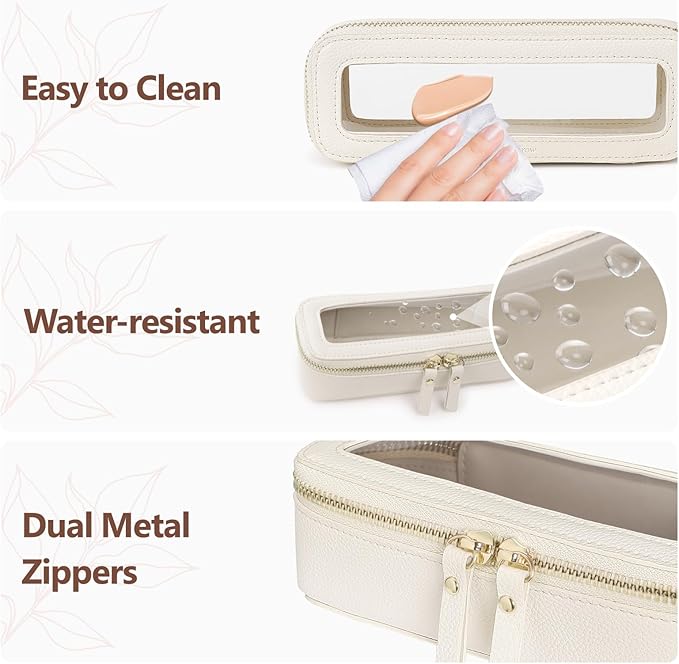 PACKISM Slim Clear Makeup Brush Bag, Pebbled Texture & Hard PU Leather Small Cosmetic Brush Holder, Mini Toiletry Bag Make up Bags with Message Card, Cute Travel Essentials Bag (Cream)