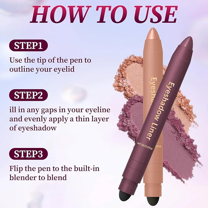 Shadow Liner 2-in-1 Eyeliner Eyeshadow, Shadow Liner Duo Plum Eyeshadow Stick, Eyeliner + Eye-shadow, Smudge-Proof & Waterproof, Smooth and Easy to Color (2PCS)