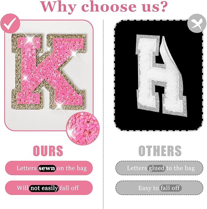 Initial Letter Patch Makeup Bag, Small Preppy A-Z Glitter Letter Cosmetic Bag, PU Leather Waterproof Travel Toiletry Bag, Cute Make Up Pouch Personalized Monogrammed Gift for Women Teen Girls