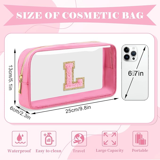 Personalized Initial Letter Clear Makeup Bag,Preppy Small Nylon&PVC Cosmetic Zipper Bag with Chenille Letter,Portable Beach Travel Skincare Toiletry Bag,Trendy Monogram Gift for Teen Girls Women,L