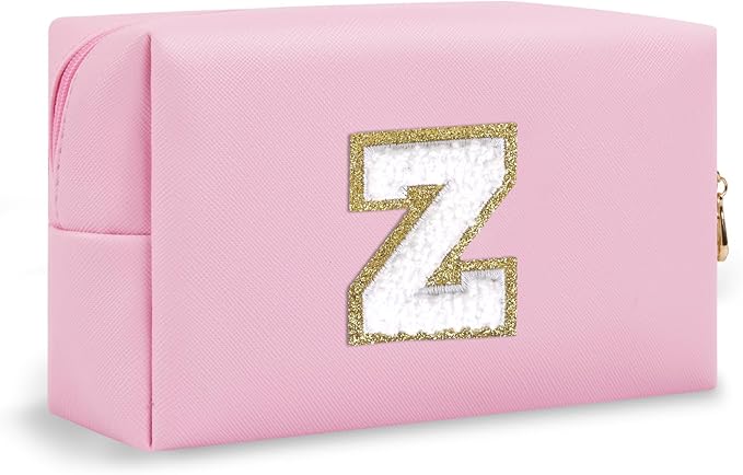 Small Initial Preppy Makeup Bag, Personalized Cute Pink Cosmetic Organizer Chenille Letter Travel Toiletry Zipper Pouch, Waterproof PU Make Up Case Birthday Gifts for Women Best Friend Mom(Letter Z)