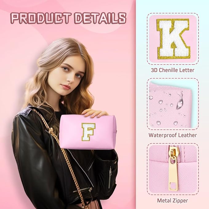 TOPEAST Initial Cosmetic Bag, PU Leather Waterproof Travel Toiletry Bag, Monogrammed Gifts for Women, Personalized Birthday Gift for Sister Friends, Cute Stuff for Girls (Pink K)