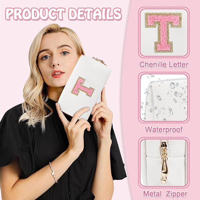 Personalized Small Travel Preppy Makeup Bag, Chenille Letter White Cute Makeup Bag Initial Cosmetic Pouch Toiletry Organizer, PU Leather Waterproof Makeup Storage Gifts for Teacher Women(Letter T)