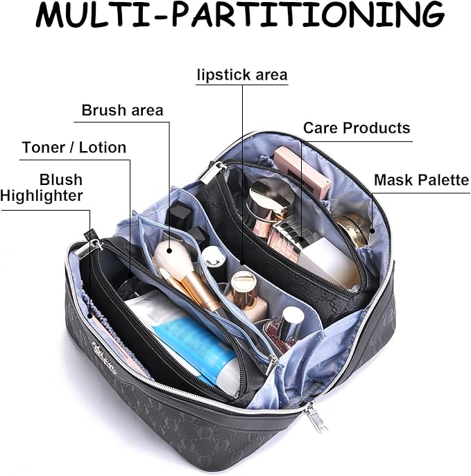 BOYATU Travel Makeup Bag for Women: Cosmetic Organizer Bag with Compartments - Leather Make up Bags Set of 3 (G-4-Black)