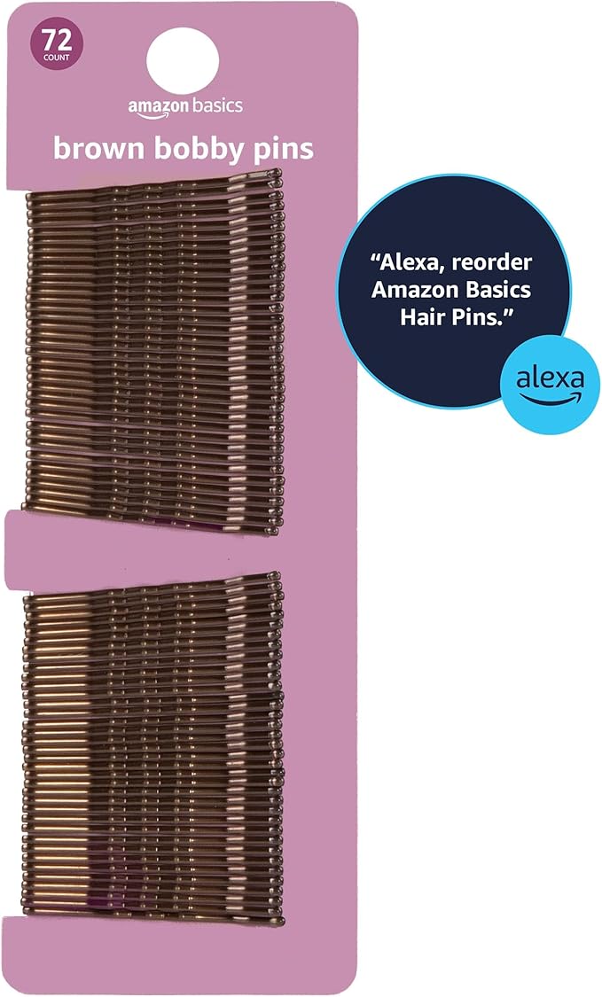 Amazon Basics No Slip Bobby Pins, 72 count, Brunette Brown, High Gloss Bobby Pins for Pain Free, Comfortable, All-Day Styling and UpDos. For All Hair Types