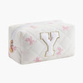 Gleyemor Personalized Initial Makeup Bag for Women, Cute Quilted Pink Floral Cotton Cosmetic Bag, Christmas Gifts for Her Mom Friend Sister Bridesmaid Teacher Women Y