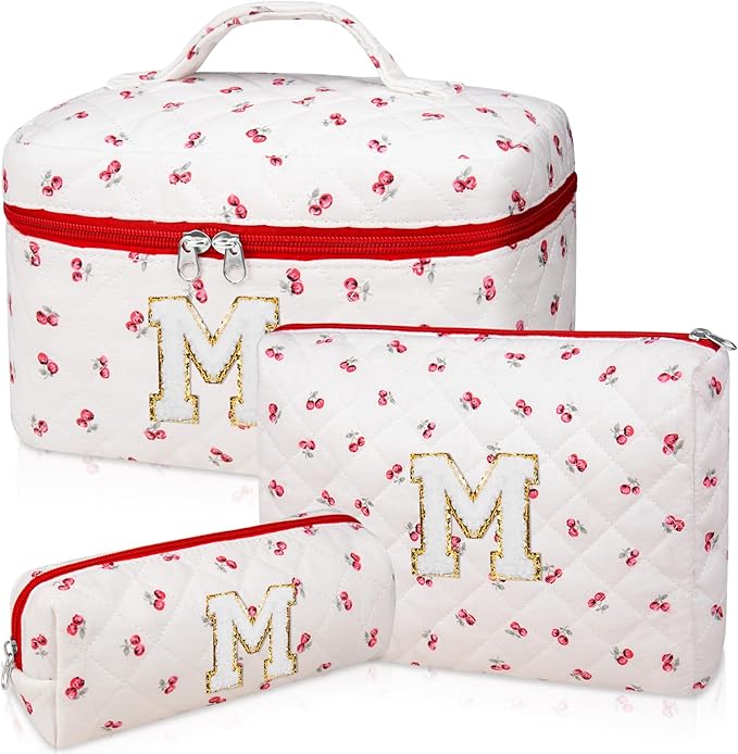 Initial Makeup Bag Set, Personalized Quilted Makeup Bag, Large Floral Cosmetic Bag for Women, Cute Cotton Custom Make up Bags, Flower Travel Toiletry Bag Teen Girl Gift Trendy Stuff Gift Red Cherry M