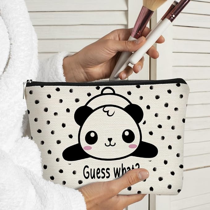 Panda Gifts Makeup Bag for Women Girls - Cute Baby Panda 'Guess What It's Pug Butt' Cosmetic Case for Teens Daughter - Accessories (Black and White Dots 1)