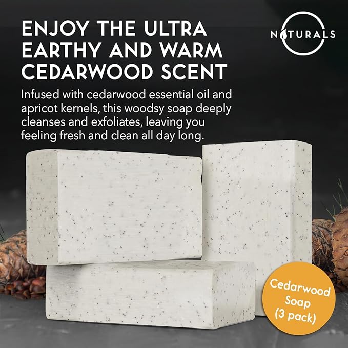 O NATURALS 7.76 oz (3PC) Exfoliating Soap Bar Cedarwood - Heavy Grit Mens Soap - All Natural Exfoliation Bar Soap for Men - Apricot Kernels Bar Soap - Face Soap Bar - Moisturizing Mens Face Bar Soap