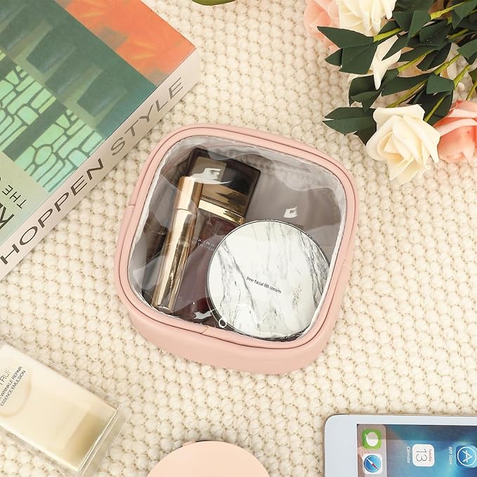 Clear Makeup Bag with 2 Cute Chenille patterns - Waterproof PU Leather Cosmetic Case, Mini Personalized Toiletry Pouch for Women & Teens, ideal for Travel & Gift