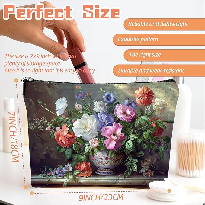 Makeup Bag Travel Cosmetic Bags Small Makeup Case Waterproof Zipper Pouch for Women Girls 7X9inches - Exquisite Bouquet in A Decorated Ceramic Vase