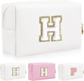 Iqimott Personalized Initial Letter Patch Makeup Bag, Preppy Portable Chenille Letter Cosmetic Bag with Zipper, PU Leather Waterproof Travel Toiletry Bag Monogram Make Up Pouch Girls(Letter H)