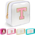 Mini Clear Personalized Initial Makeup Bag,Small Nylon Waterproof Zip Beach Cosmetic Pouch,Preppy A-Z Chenille Letter Patch Cute Coin Purse Travel Toiletry Bag Car Pack Bag for Women(White-Pink T)