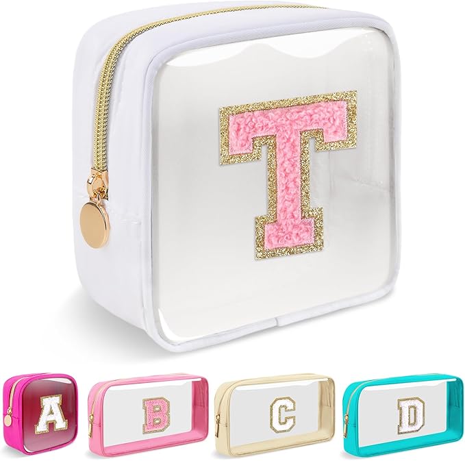 Mini Clear Personalized Initial Makeup Bag,Small Nylon Waterproof Zip Beach Cosmetic Pouch,Preppy A-Z Chenille Letter Patch Cute Coin Purse Travel Toiletry Bag Car Pack Bag for Women(White-Pink T)