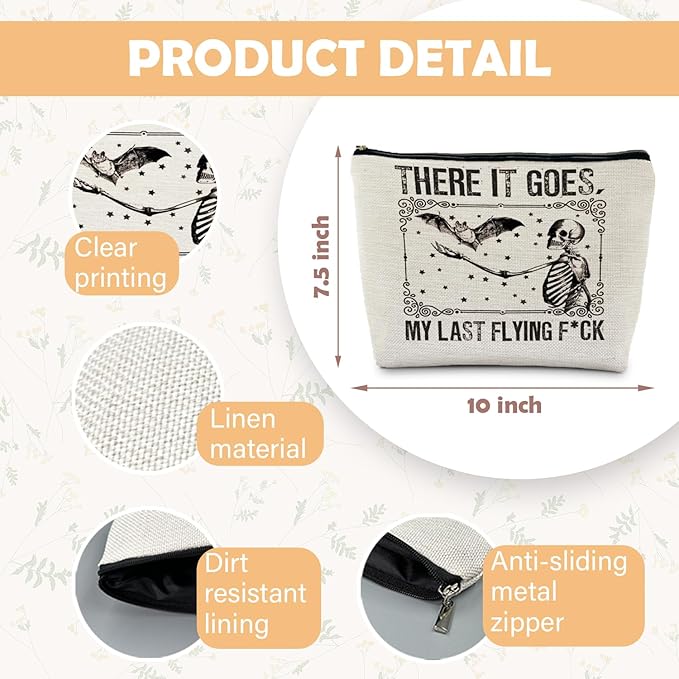 Halloween Makeup Bag, Goth Skeleton & Bat Design, White, Waterproof Linen Cosmetic Bag for Women