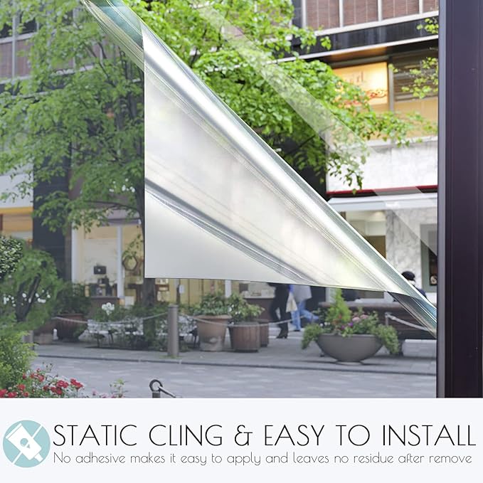 HIDBEA One Way Mirror Window Film,Daytime Privacy Sun Blocking Reflective Window Film Static Cling Heat Control Window Tinting Film for Home and Office, Blue Silver, 17.5 x 78.7 Inch