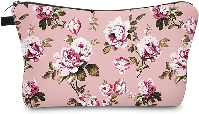 Cute Travel Makeup Bag Cosmetic Bag Small Pouch Gift for Women (Flowers Blush Pink)