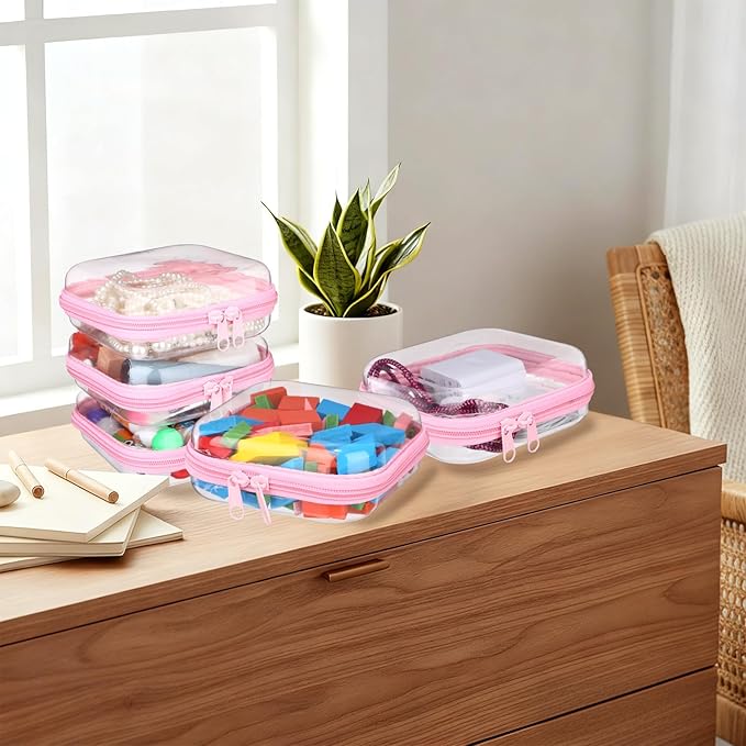 Sanwuta 6 Pcs Clear Hard Zipper Case Hard Plastic Zipper Pouches Makeup Bag Pencil Pouches Transparent Cases for Snacks Plastic Storage Organizer Box for Travel(Pink,5 x 5 x 2 Inch)