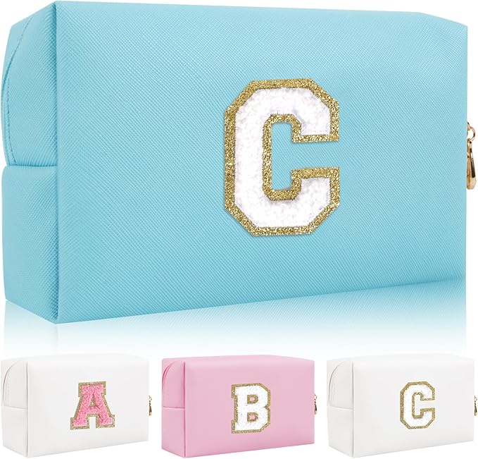 Personalized Initial Letter Patch Makeup Bag, Preppy Portable Chenille Letter Cosmetic Bag with Zipper, PU Leather Waterproof Travel Toiletry Bag Monogram Make Up Pouch for Women Girls