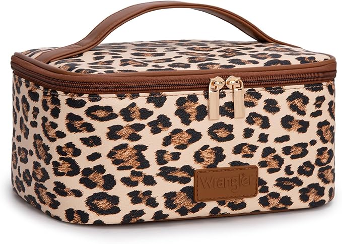 Montana West X Wrangler Travel Makeup Bag 2pcs Set Large Cosmetic Bag with Makeup Brush Holder Portable Make Up Organizer Cute Toiletry Bag with Divider and Handle for Women Leopard