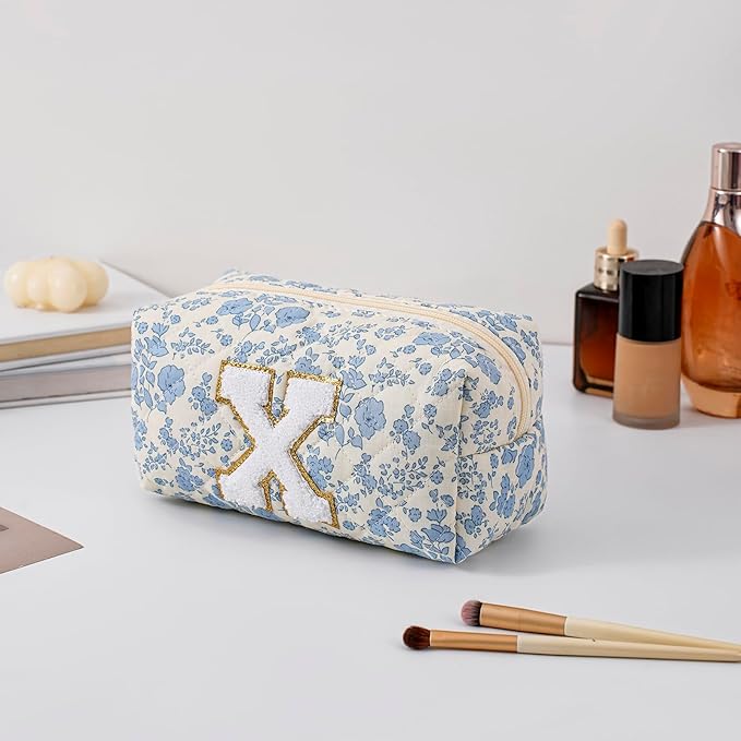 Gleyemor Personalized Initial Makeup Bag for Women, Cute Quilted Blue Floral Cotton Cosmetic Bag, Christmas Gifts for Her Mom Friend Sister Bridesmaid Teacher Women X
