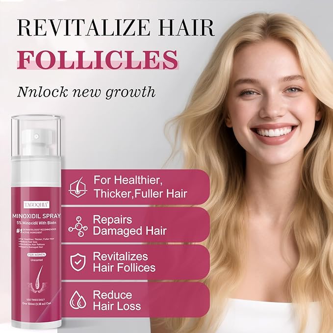 5% Minoxidil for Women Hair Regrowth Spray, hers hair regrowth treatment Infused with Biotin, Extra Strength Treatment to Combat Hair Loss and Thinning, 3 Bottles