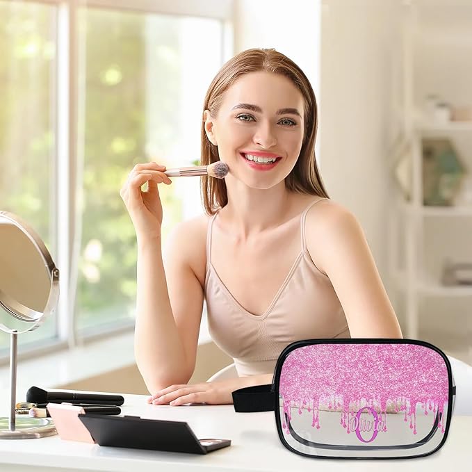 Custom Travel Toiletry Bag for Women, Clear PVC Large Makeup Bag, Cosmetic Bag, Comestic Essentials for Women, Light Pink Curtain Glittering