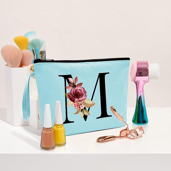 Vavabox A-Z Personalized Makeup Bag, Birthday Gifts for Women Mom, Gifts for Best Friend, Bride Bridesmaid Cosmetic bag (M, Green)