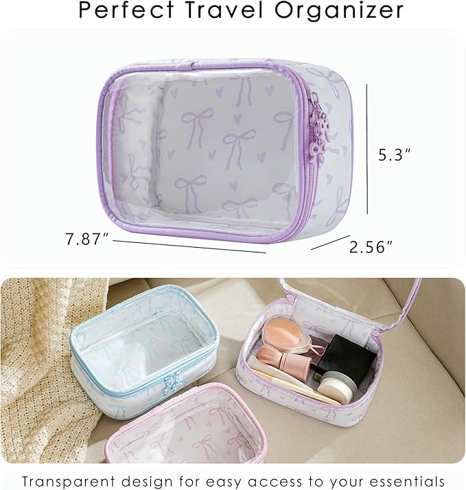 Cute Clear Makeup Bag with Bow Pattern,Transparent Nylon Travel Cosmetic Case with Zipper,Portable Makeup Organizer Pouch for Essentials(03Purple)