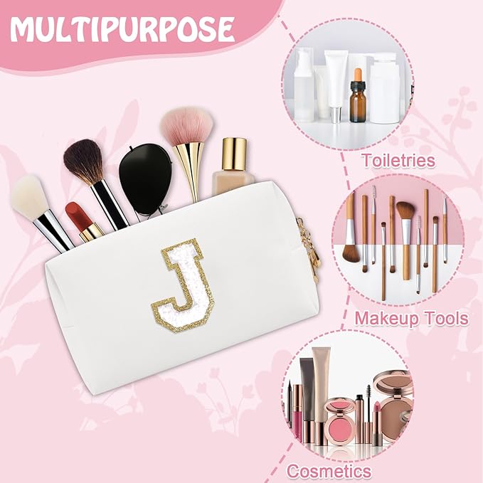 Personalized Preppy Small Travel Makeup Bag, Initial Chenille Letter White Makeup Bag Cosmetic Pouch Toiletry Organizer, Portable Waterproof Makeup Storage Cute Preppy Stuff for Mom Girl(Letter J)