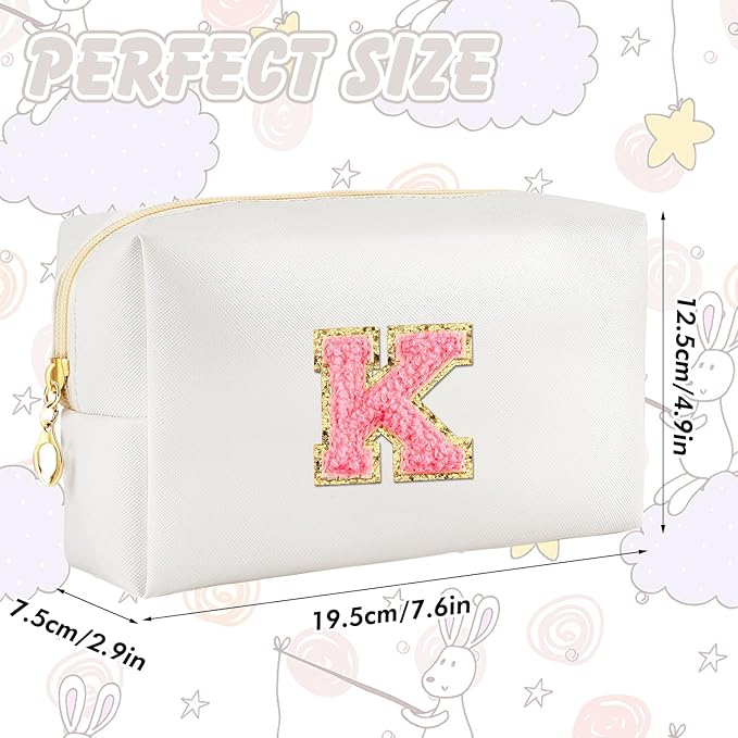 Initial Makeup Bag Personalized Preppy Travel Small Cosmetic Bag Cute PU White Chenille Letter Makeup Pouch for Purse Waterproof Zippered Toiletry Organizer for Women Girls Kids Friends (K)