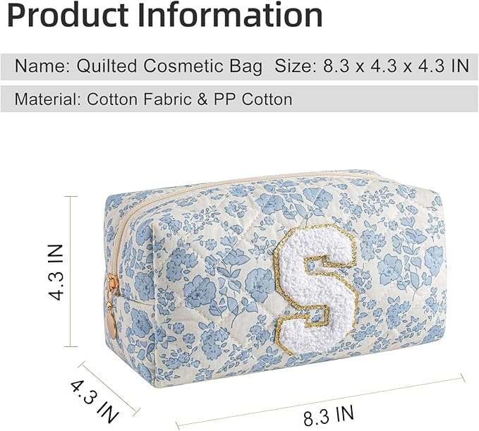 Gleyemor Personalized Initial Makeup Bag for Women, Cute Quilted Blue Floral Cotton Cosmetic Bag, Christmas Gifts for Her Mom Friend Sister Bridesmaid Teacher Women S