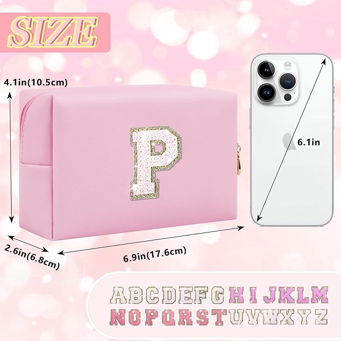Personalized Initial Letter Makeup Bag, Small Preppy Glitter Letter Cosmetic Pouch PU Waterproof Zipper Travel Toiletry Bag, Unique Letter Patch Makeup Organizer Gift for Women Teen Girls(Letter P)