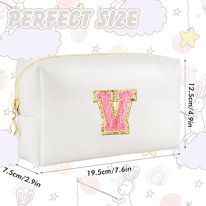 Initial Makeup Bag Personalized Preppy Travel Small Cosmetic Bag Cute PU White Chenille Letter Makeup Pouch for Purse Waterproof Zippered Toiletry Organizer for Women Girls Kids Friends (V)
