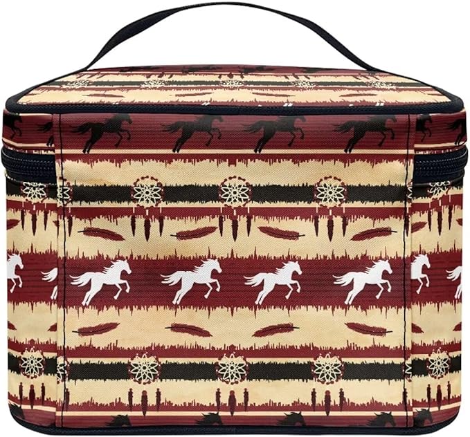 JoyLamoria Aztec Horse Makeup Bag Portable Cosmetic Bag Large Capacity Handbag Wallet Coin Purse Pouch with Handle