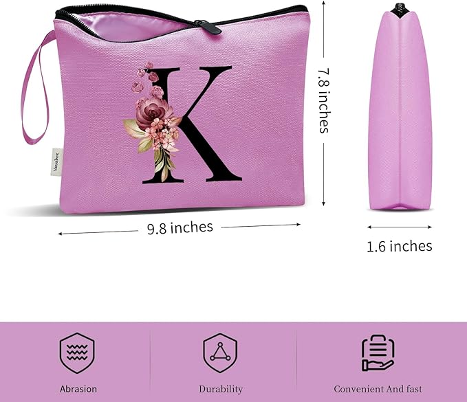 Vavabox A-Z Personalized Makeup Bag, Birthday Gifts for Women Mom, Gifts for Best Friend, Bride Bridesmaid Cosmetic bag (K, Purple)