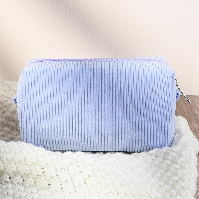 SOIDRAM 2 Pcs Corduroy Makeup Bag Large Cosmetic Bag Toiletry Bag Makeup Pouch Travel Bag Organizer Cute Makeup Brushes Aesthetic Accessories Storage Bag for Women Blue