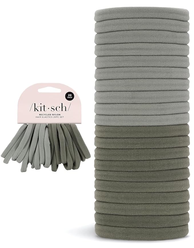 Kitsch Nylon Hair Ties for Girls & Women - No Snag, Pain-free Hair Ties No Damage Ideal for Ponytails, Updos & Braids | Ideal Gifts for Women, 20pcs Eucalyptus