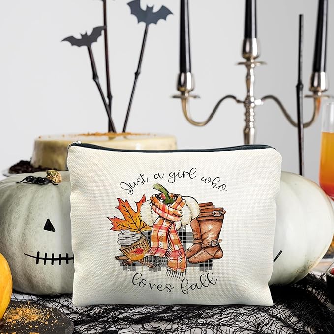 Just a Girl Who Loves Fall Makeup Bag, Fall Gifts for Women, Fall Lovers Gifts, Autumn Pumpkin Coffee Cosmetic Bag for Women, Fall Themed Gifts, Womens Makeup Bag, Fall Makeup Pouch