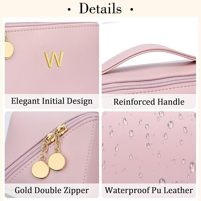 Birthday Gifts for Women Teen Girl, Personalized Initial Makeup Organizer Bag Set, Open Flat Travel Cosmetic Bag With Clear Divider and Handle(Pink,W)