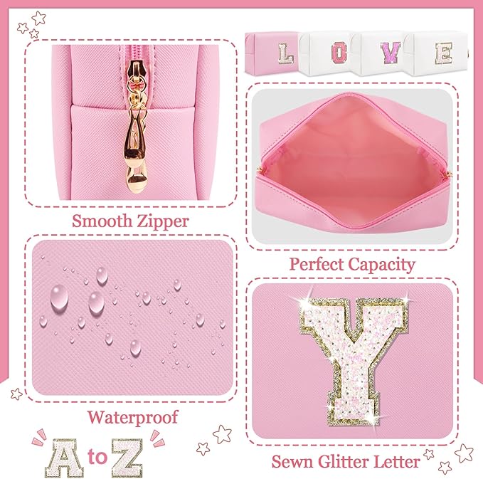Initial Letter Patch Makeup Bag, Preppy Glitter Letter Pouch Cosmetic Bag,Small PU Travel Toiletry Bag Zipper,Personalized Monogrammed Gift for Friends Sister,Cute Stuff for Women Teen Girls(Letter Y)