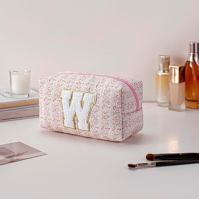 JOVAKIT Alphabet Makeup Bag Cosmetic Bag for Women, Christmas Gifts for Girls Age 6-18, Floral Flowers Coquette Travel Toiletry Zipper Make Up Pouch Organizer Trendy Stuff (Pink Floral W)