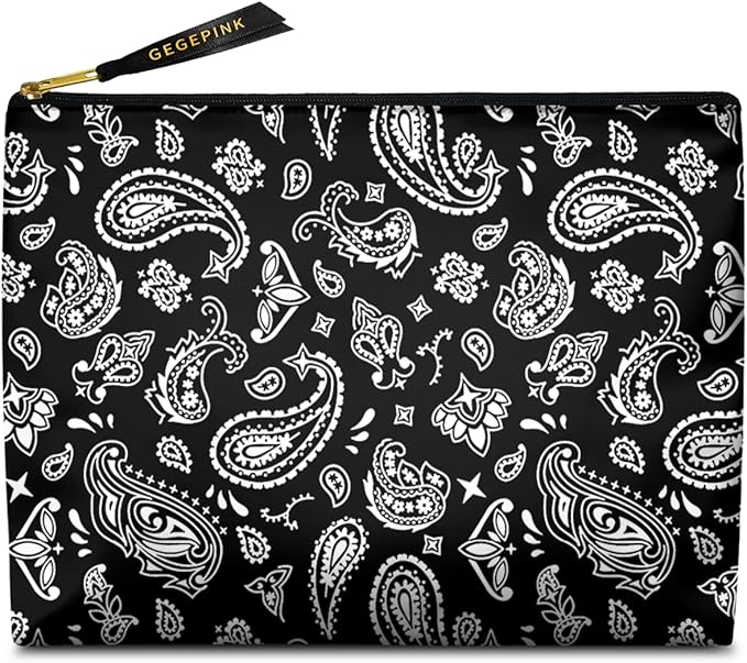 Cute Makeup Bag for Purse Waterproof Cosmetic Bags for Women Funny Smooth Zipper Travel Toiletry Pouch 10X8 Inches-Paisley Floral-Black Makeup pouch