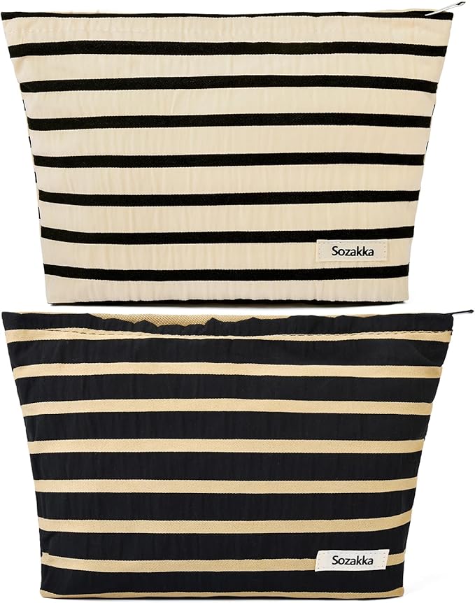 SOIDRAM 2 Pieces Makeup Bag Large Stripe Cosmetic Bag Capacity Canvas Travel Toiletry Bag Organizer Cute Makeup Brushes Aesthetic Accessories Storage Bag for Women, Stripe L Black White