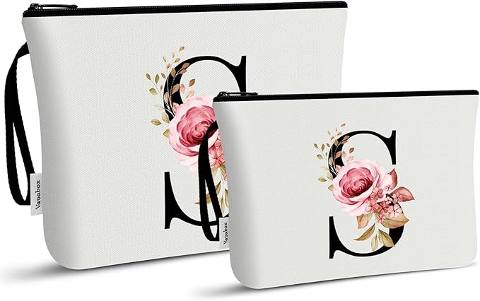 Vavabox A-Z Personalized Makeup Bag, Birthday Gifts for Women Mom, Gifts for Best Friend, Bride Bridesmaid Cosmetic bag (S, 03-White Set)