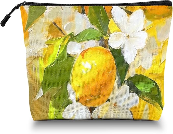 Cosmetic Bags Travel Makeup Toilet Case Waterproof Pouch for Women Girls 6.7X9.45inches - Oil Painting of Lemons And White Flowers