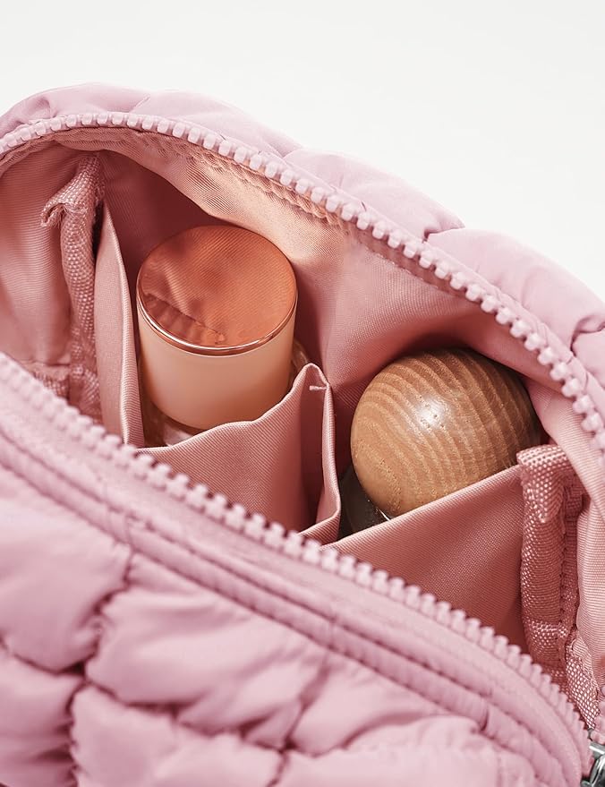 Yarnic Quilted Makeup Bag Cosmetic Bag, Quilt Cosmetic Pouch Puffy Travel Toiletry Bags for Women, Cute Makeup Bag Organizer Soft Puffer Makeup Pouchs (S, Pink)