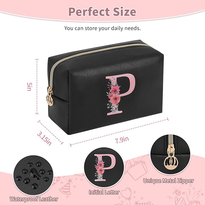 Personalized Initial Makeup Bag, Birthday Gifts for Women and Girls, Small Makeup Pouch Travel Toiletry Bag, Make Up Organizer Bag Gift Trendy Stuff for Friend Mom Teacher, Black
